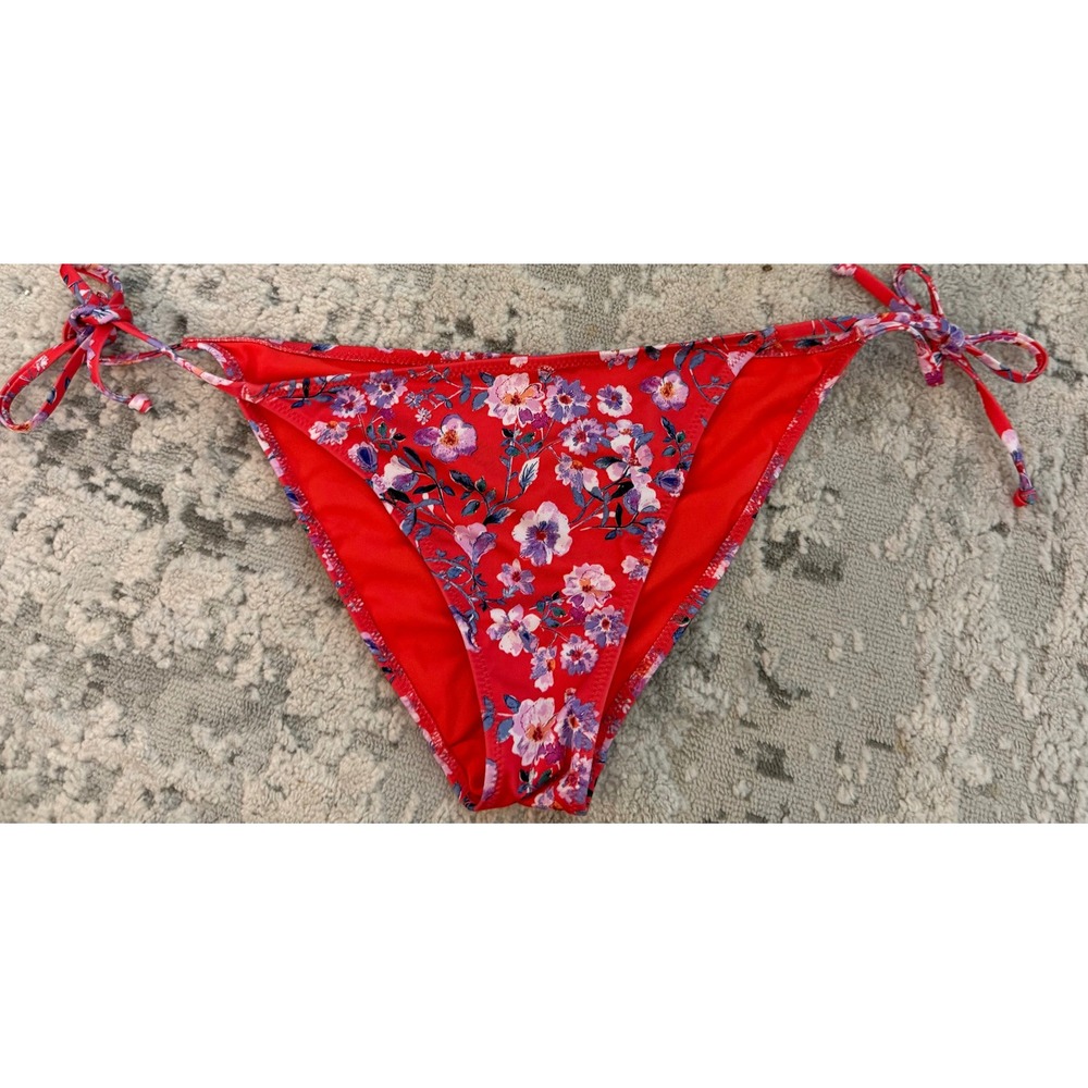 HM Red Floral Side Tie Bikini Bottoms Ruched Back Swimwear Womens Size‎ 8